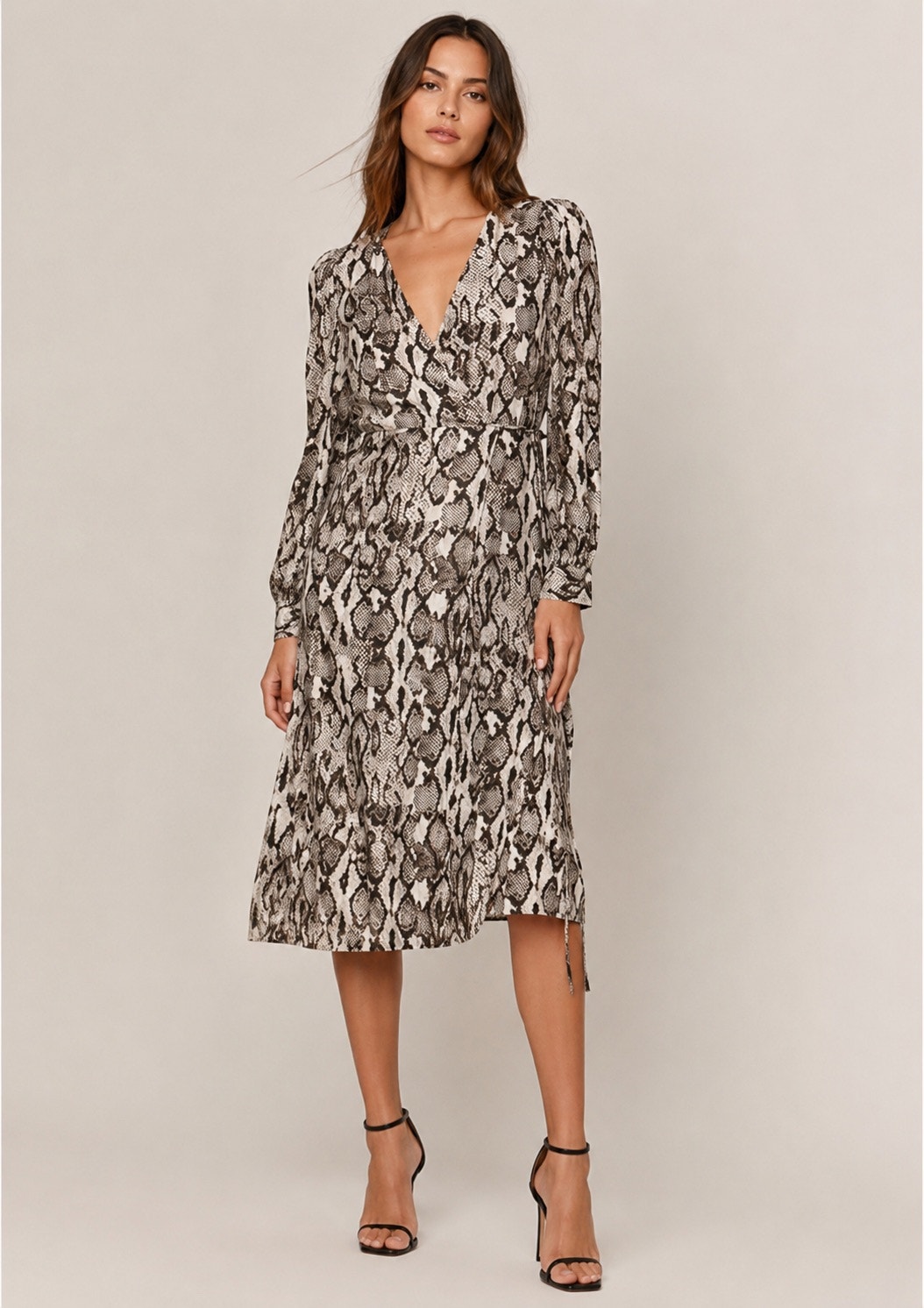 Fifteen Twenty Cross-Front Midi Snakeskin Wrap Long Sleeve Dress Size S